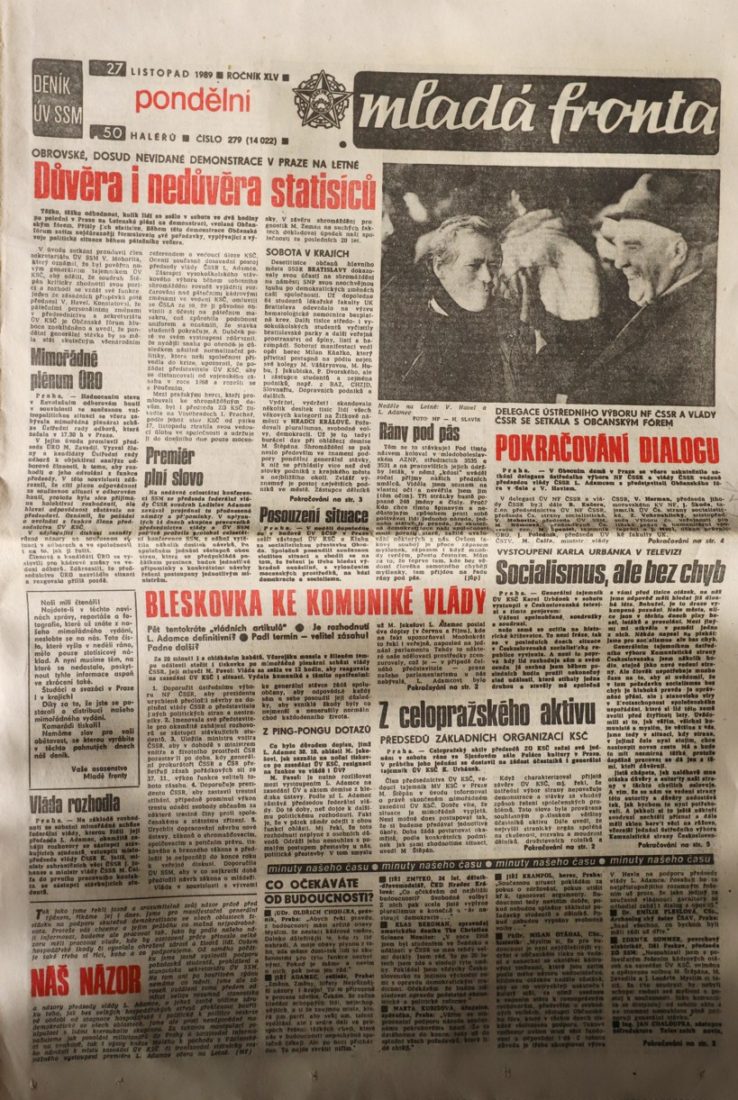 Zprávy o Sametové revoluci v deníku Mladá fronta v listopadu roku 1989