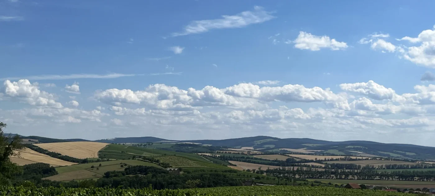 Pohled přes blatnické vinohrady na Horňácko a pohoří Bílých Karpat.